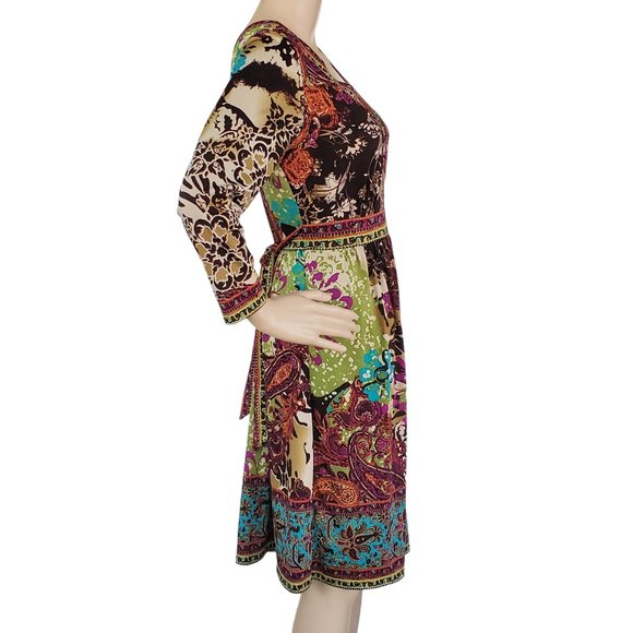 Floral Boho Dress Women's S Knit Stretch V Neck Tie Long Sleeve Brown & Purple - Picture 9 of 13